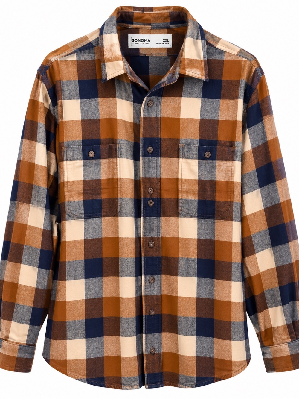 Sonoma Brown, Navy & Cream Plaid Flannel Shirt Jacket